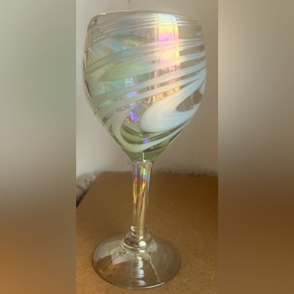 Hand Blown Wine Glass - White Iridescent Swirl